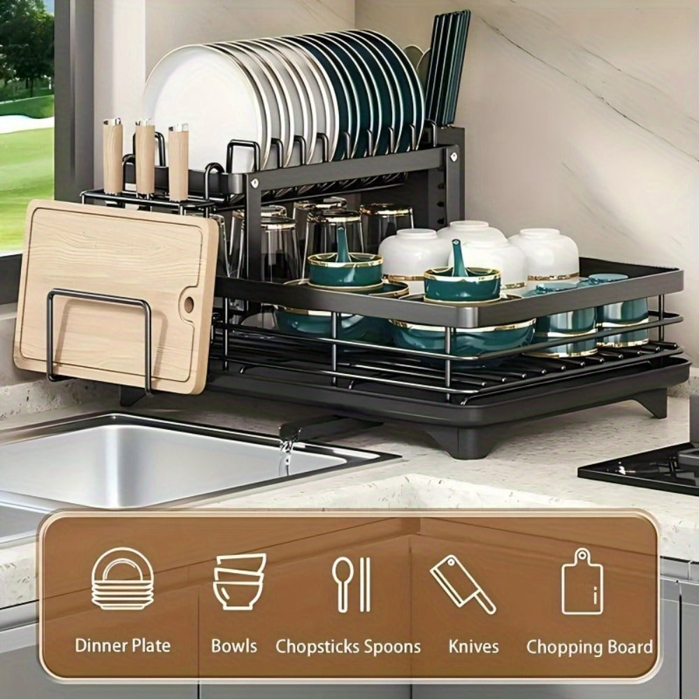 Two-Tier Dish Drying Rack Set with Metal Frame, Drainboard, Mat and Utensil and Cup Holders