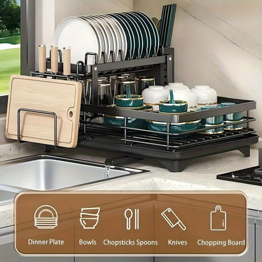 Two-Tier Dish Drying Rack Set with Metal Frame, Drainboard, Mat and Utensil and Cup Holders