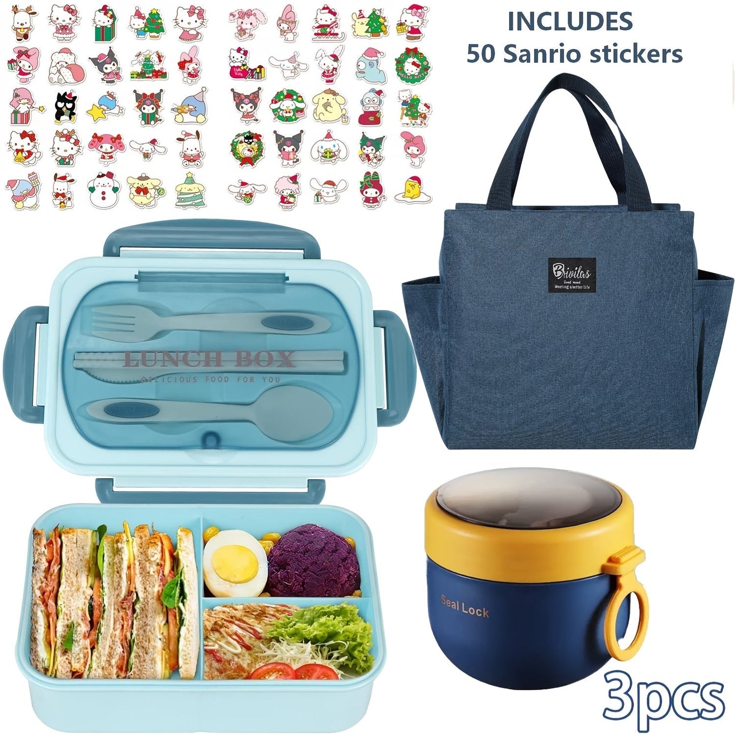 Sanrio Lunch Box Set 53pcs Bento Box with Thermal Bag Breakfast Cup Portable Sealed Compartment Microwave for Work Picnic School