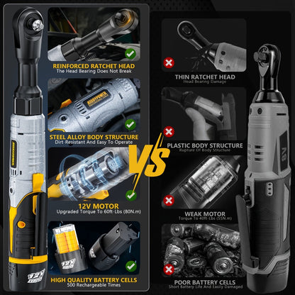 Cordless Electric Ratchet Wrench Set 3/8 Inch 12V 60 Ft-Lbs Power Ratchet Tool Kit with 2 Batteries