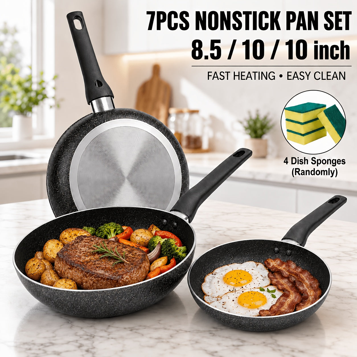 Nonstick Frying Pan Set 7pcs – 8.5" & 10" Aluminum Skillets with Deep Frying Pan, Fast Heating, Easy Clean