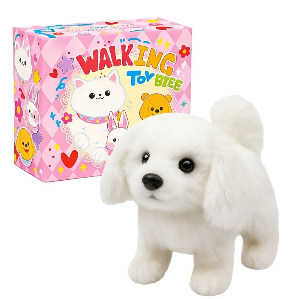 Plush Toy White Electronic Puppy with Walking, Barking, Tail-Wagging Action, Leash and Bow