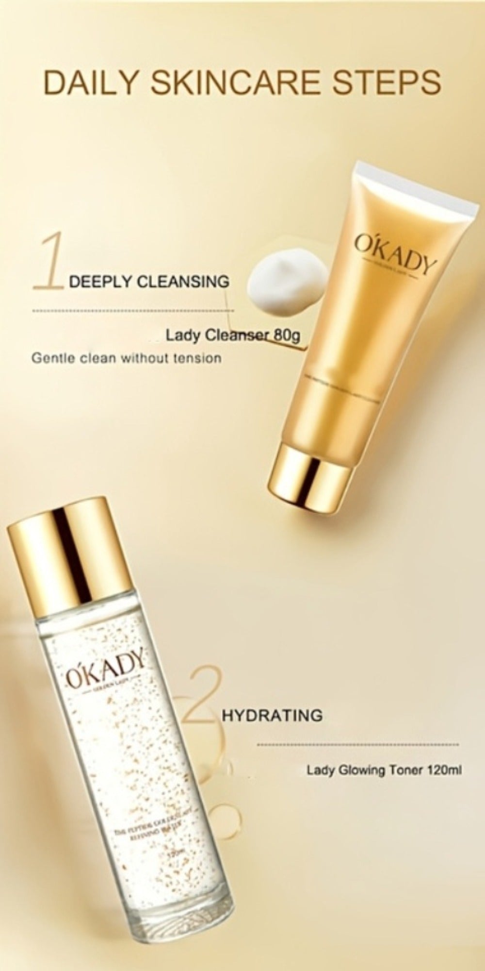 Skincare Set with OKADY Label, 10 Gold-Themed Pieces with Mud Mask Stick and Day Night Product Forms