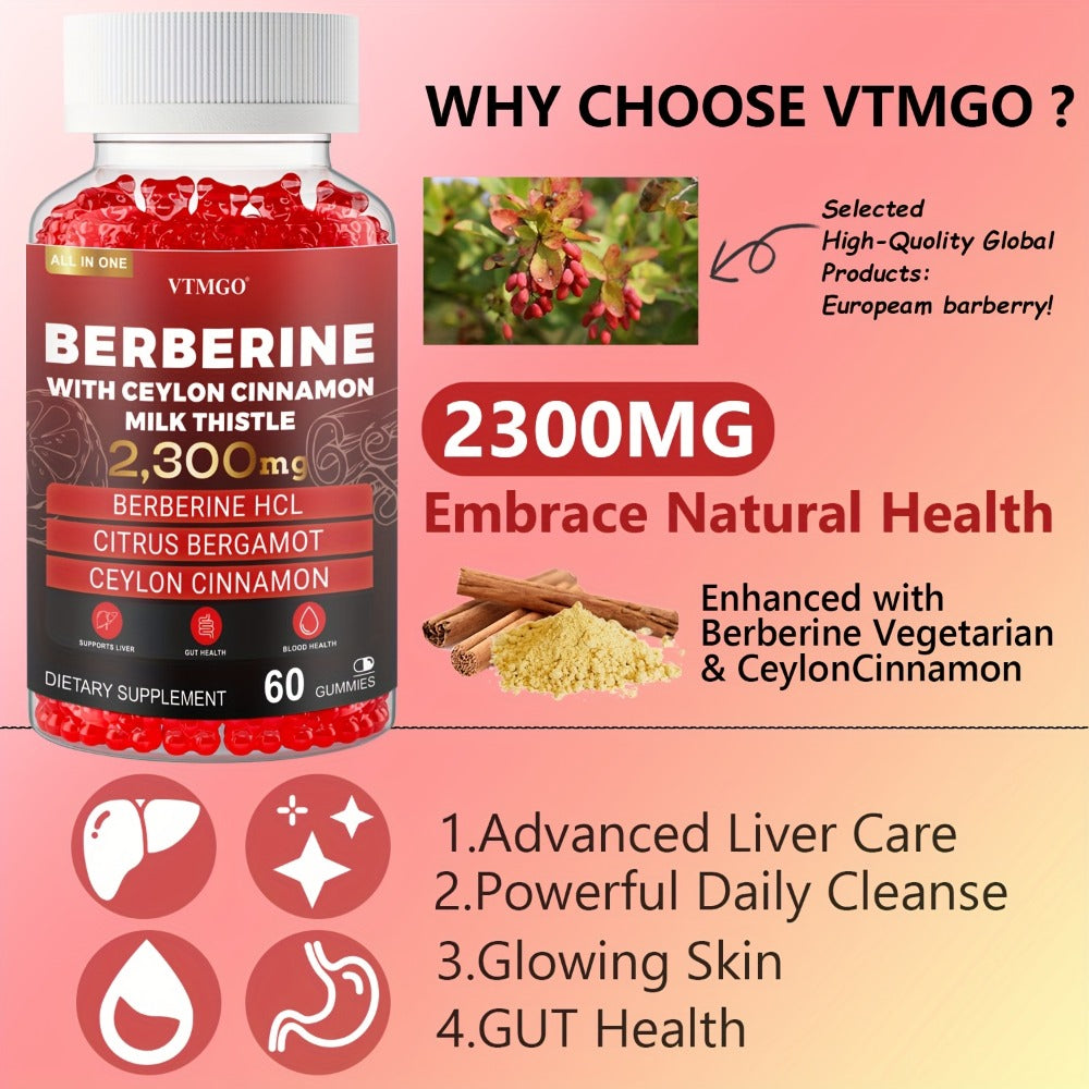 Berberine HCL Gummies 2300mg 60ct with Ceylon Cinnamon, Milk Thistle & Turmeric for Blood Sugar Balance
