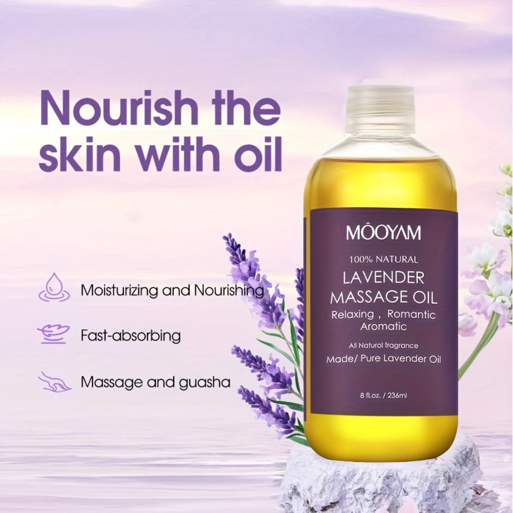 Lavender-Labeled Massage Oil in One or Three 236 ml Bottles with Pour Caps for Body-Care Routines