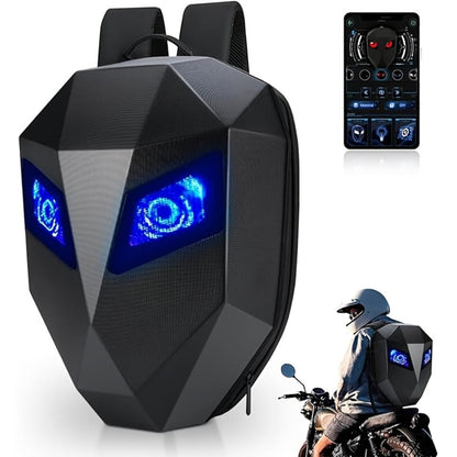 LED Motorcycle Backpack with Display Screen, Hard Shell Helmet Bag, USB Charging Port, 48x48 Dot Matrix Smart Riding Backpack
