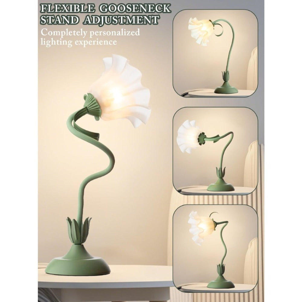 Table Lamp with Green Bellflower Stem, Floral Shade, Corded Power and Single Botanical Design