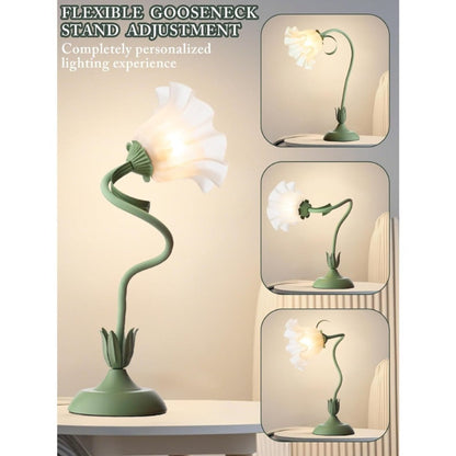 Table Lamp with Green Bellflower Stem, Floral Shade, Corded Power and Single Botanical Design