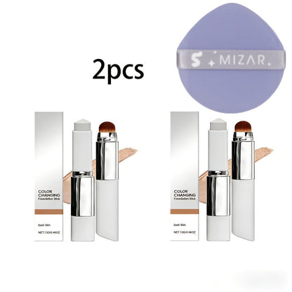 Skin Tone Adapting Color-Changing Foundation Stick 2-Piece with Built-In Brush & Puff – Lightweight Matte Finish Sheer to Buildable Coverage