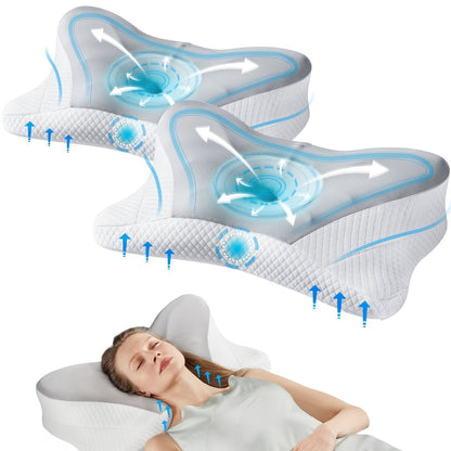 Memory Foam Cervical Pillow Contour Neck Support Orthopedic Bed Pillow for Side Back Stomach Sleepers with Cooling Pillowcase Queen King