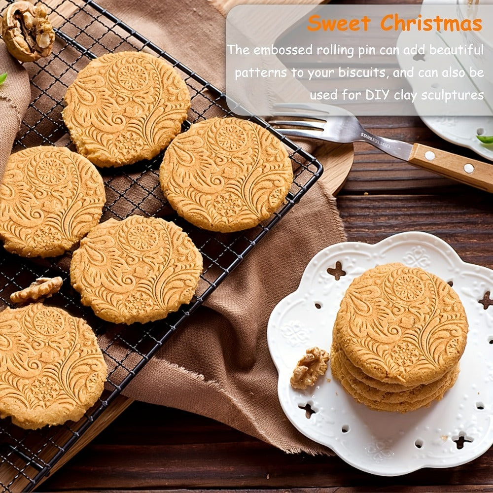 Embossed Wooden Rolling Pin with Engraved Pattern, Decorative Patterned Rolling Pin for Cookie Baking