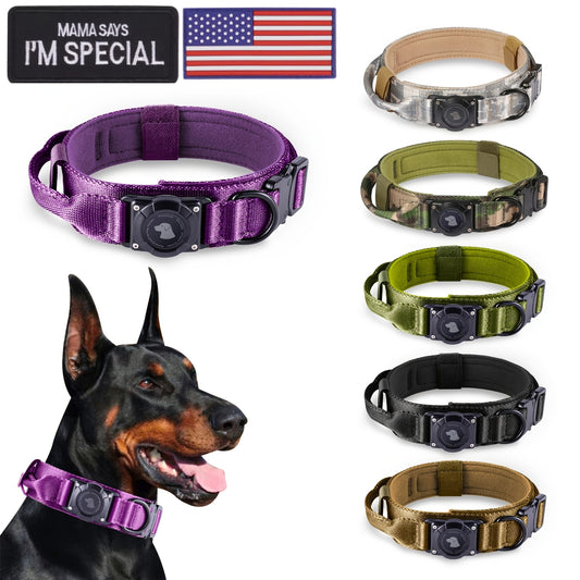 Tactical Dog Collar with AirTag Holder and Handle Adjustable Heavy Duty PC Case GPS Tracking Compatible for Medium Large Dogs M L XL 9