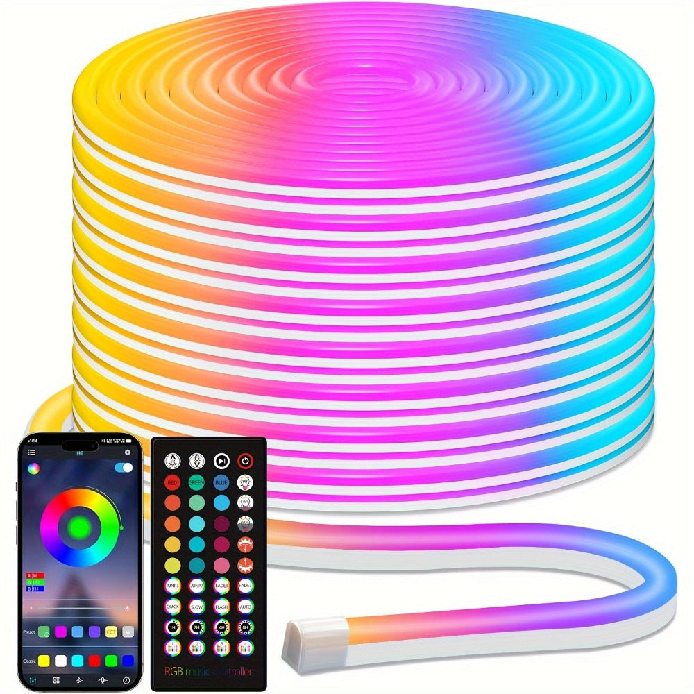RGB LED Rope Lights with App & Remote Control, Flexible Neon Strip, Music Sync, Multiple Modes, for Gaming Setup
