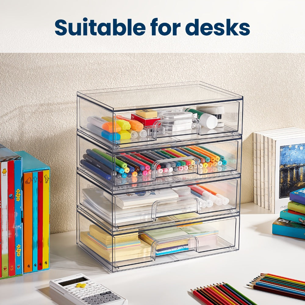 Clear Stackable Desk Drawer Organizer Trays in 2- or 4-Pack Wide Configurations, Approx. 30.7 x 19 x 8.8 cm