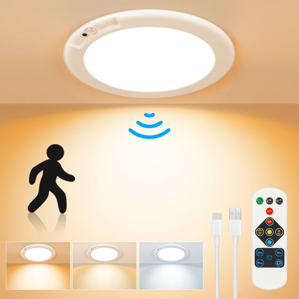 Rechargeable LED Ceiling Light with Motion Sensor, Remote Control Dimmable, 3 Color Temps 3000K/4500K/6500K