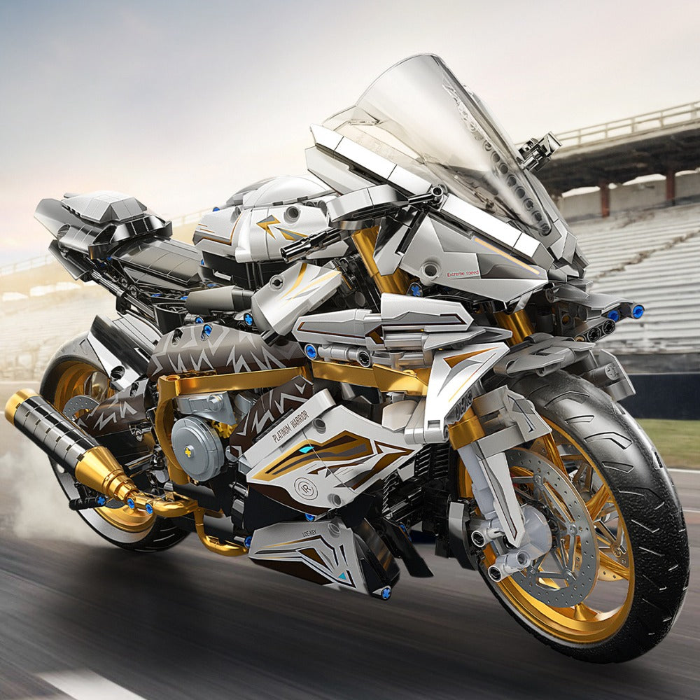 Motorcycle Building Blocks Model Kit 1:5 Scale 2000+ Pieces, Platinum Gold & White Collectible Brick Motorbike Display Set
