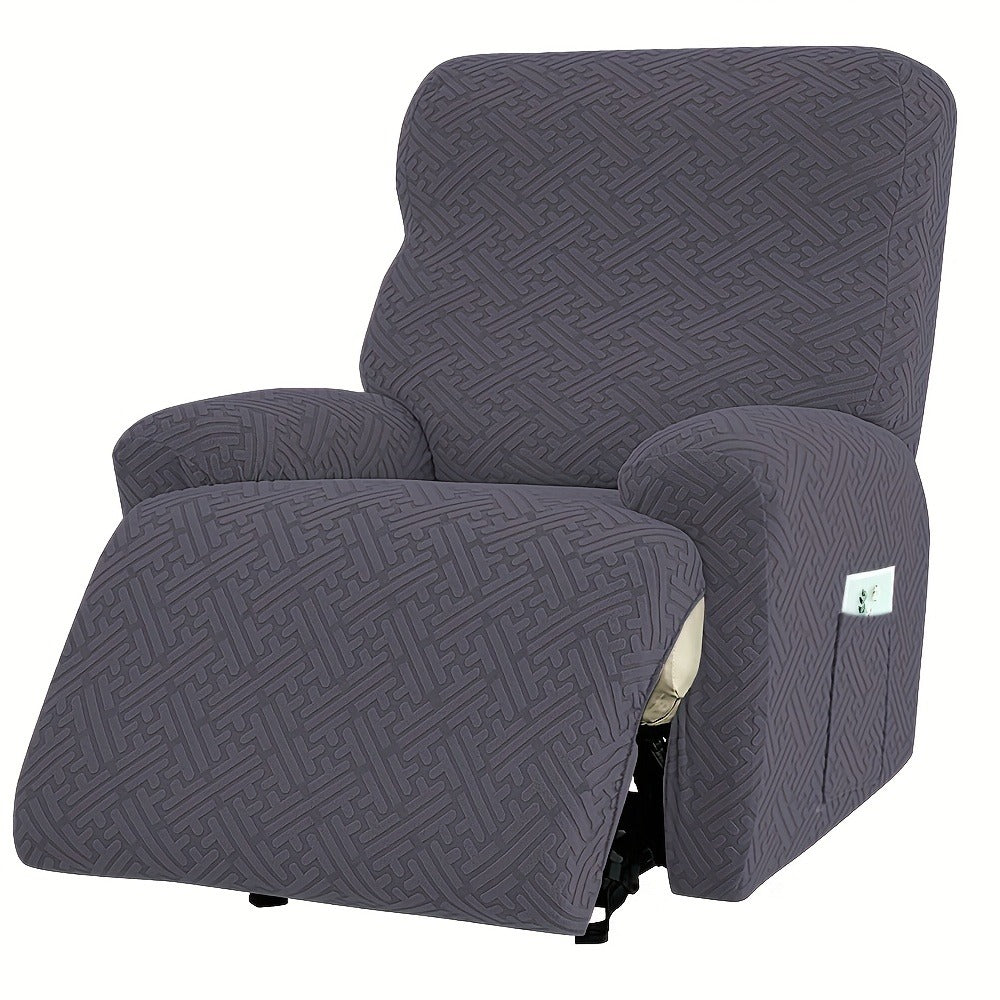 Four-Piece Maze Jacquard Recliner Chair Cover Set with Side Pocket and Nine Solid Color Options