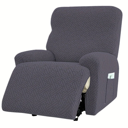 Four-Piece Maze Jacquard Recliner Chair Cover Set with Side Pocket and Nine Solid Color Options