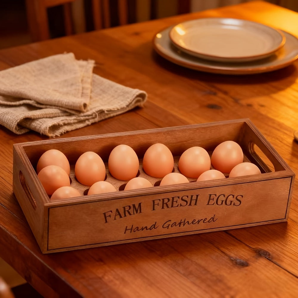 Farmhouse Wooden Egg Holder Rack 2pcs – 24 Egg Storage Display with Handle for Kitchen, Farm, Easter