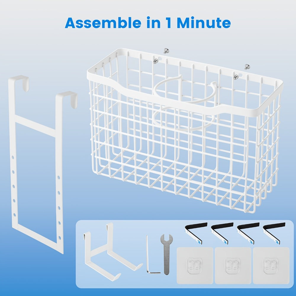 Hanging Hair Tool Organizer with Adjustable Mounting Height, Wire Basket and Black or White Finish