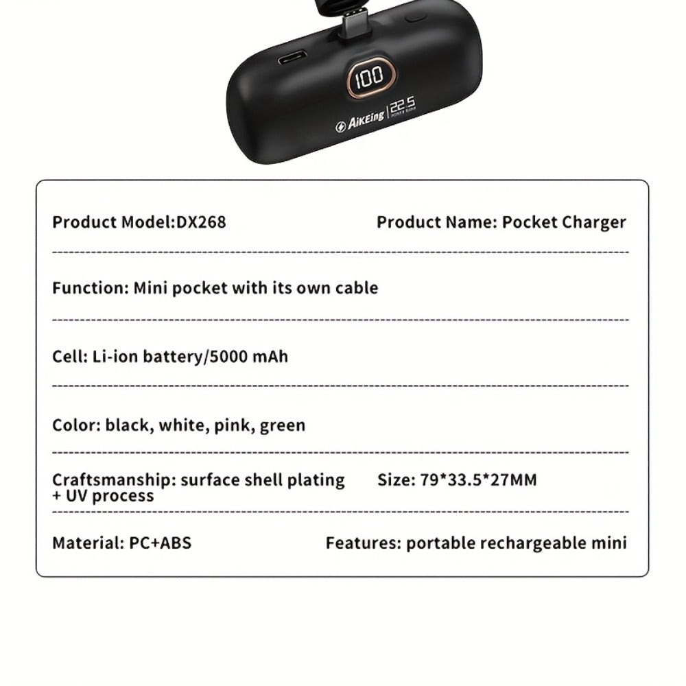 Mini Power Bank 5000mAh with Built-in USB-C Connector Fast Charging, Ultra-Compact Pocket Portable Charger for iPhone Android Samsung