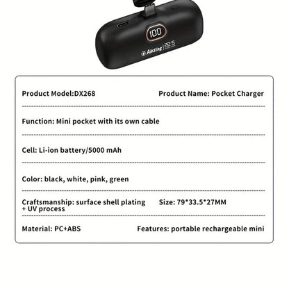 Mini Power Bank 5000mAh with Built-in USB-C Connector Fast Charging, Ultra-Compact Pocket Portable Charger for iPhone Android Samsung