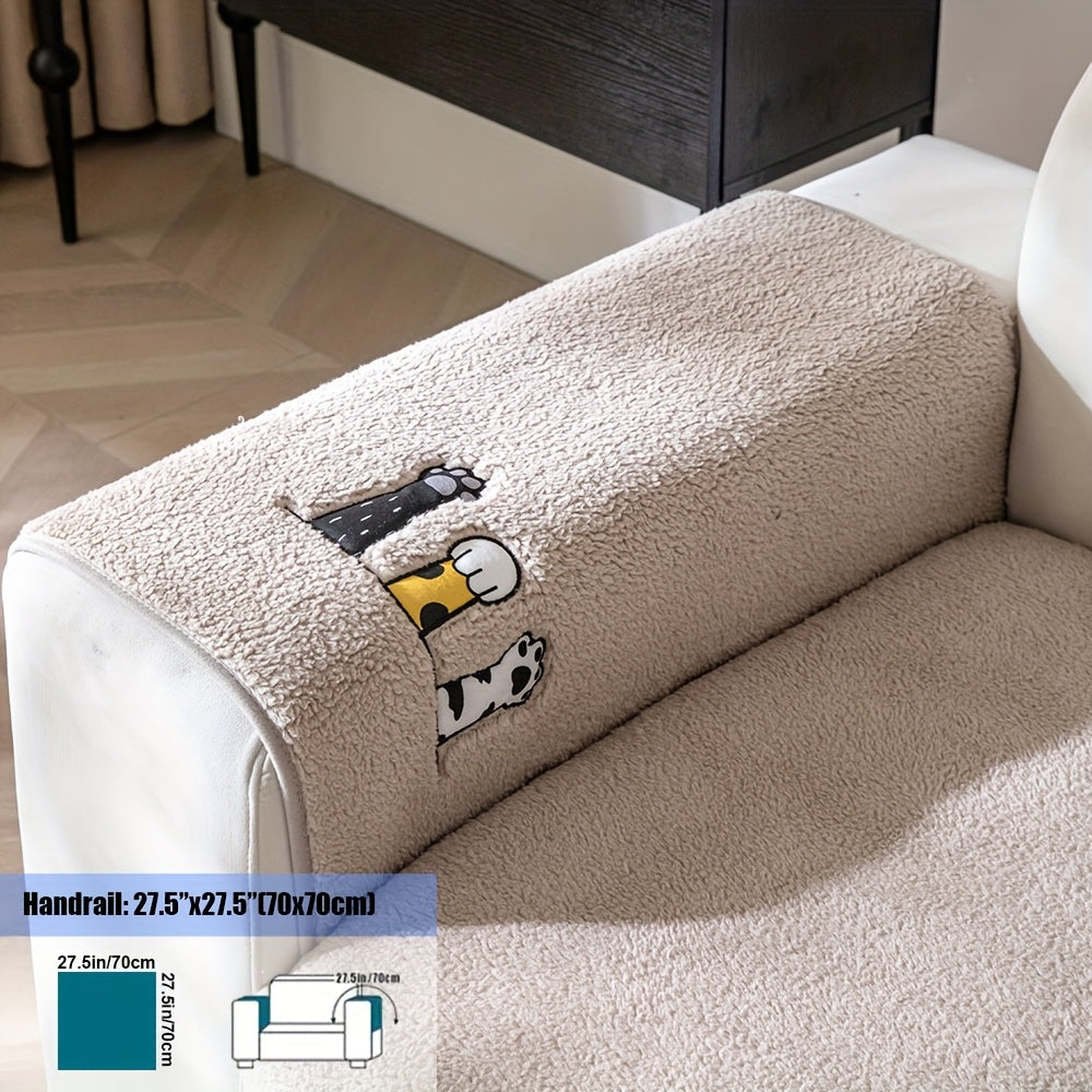Sofa Cover, Sherpa Plush Cat-Paw Embroidered Seat Pad with Backing Detail in Four Colors and Seven Sizes