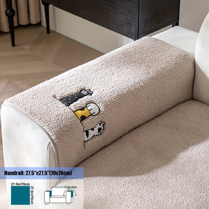 Sofa Cover, Sherpa Plush Cat-Paw Embroidered Seat Pad with Backing Detail in Four Colors and Seven Sizes