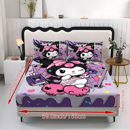 Sanrio Hello Kitty & Kuromi Bedding Set 3pcs, Fitted Sheet & Pillowcases, Polyester, Twin Full Queen King