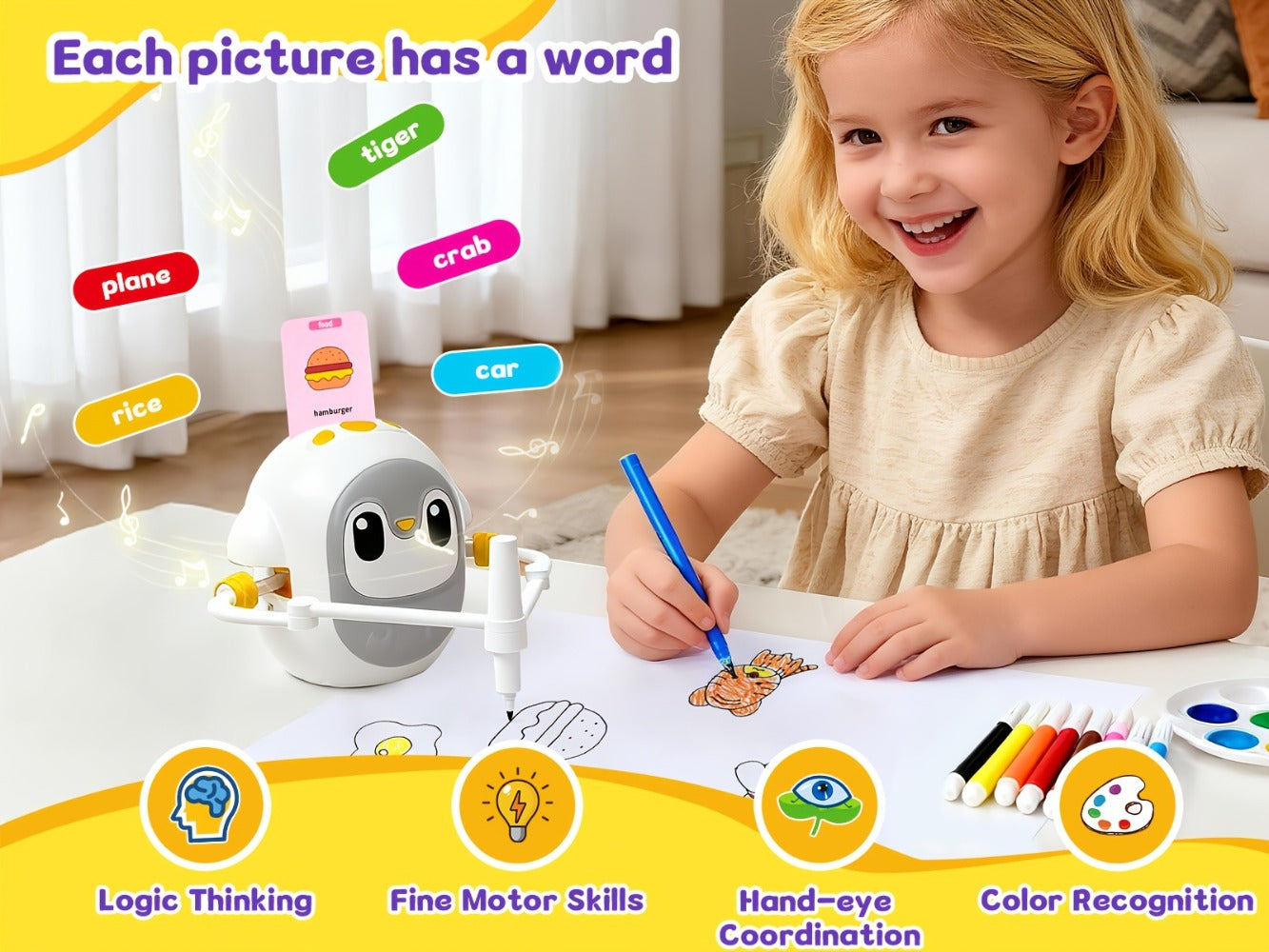 Drawing Robot for Kids Penguin, 200 Learning Cards & 12 Color Pens, STEM Art Educational Toy, Screen-Free Interactive Drawing Game