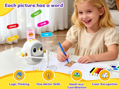 Drawing Robot for Kids Penguin, 200 Learning Cards & 12 Color Pens, STEM Art Educational Toy, Screen-Free Interactive Drawing Game