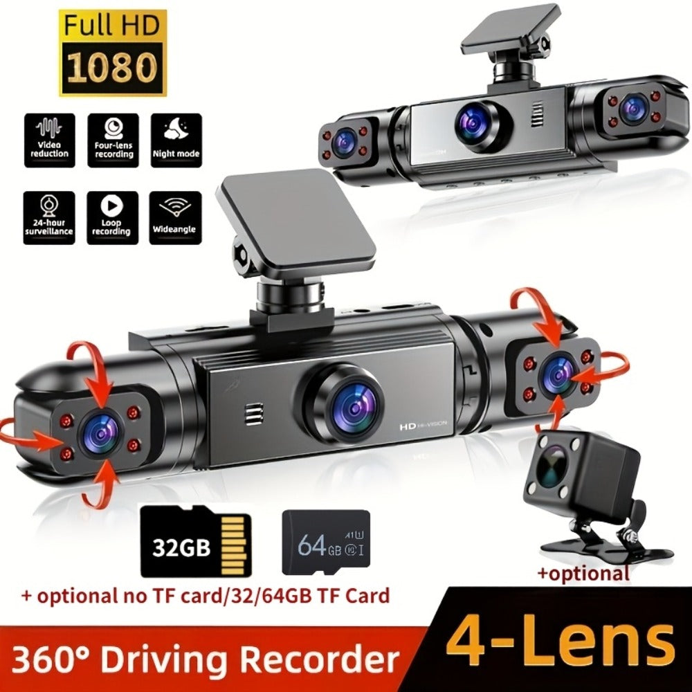 360° 4-Channel Dash Cam 1080P Front + 720P Rear Left Right Full Coverage, WDR Night Vision, G-Sensor, Loop Recording