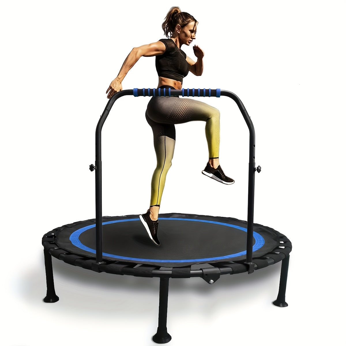 Rebounder Mini Trampoline 40 Inch Foldable with Adjustable Foam Handles – Bungee Elastic Strap Design, Thick Steel Frame, 600 lbs Capacity