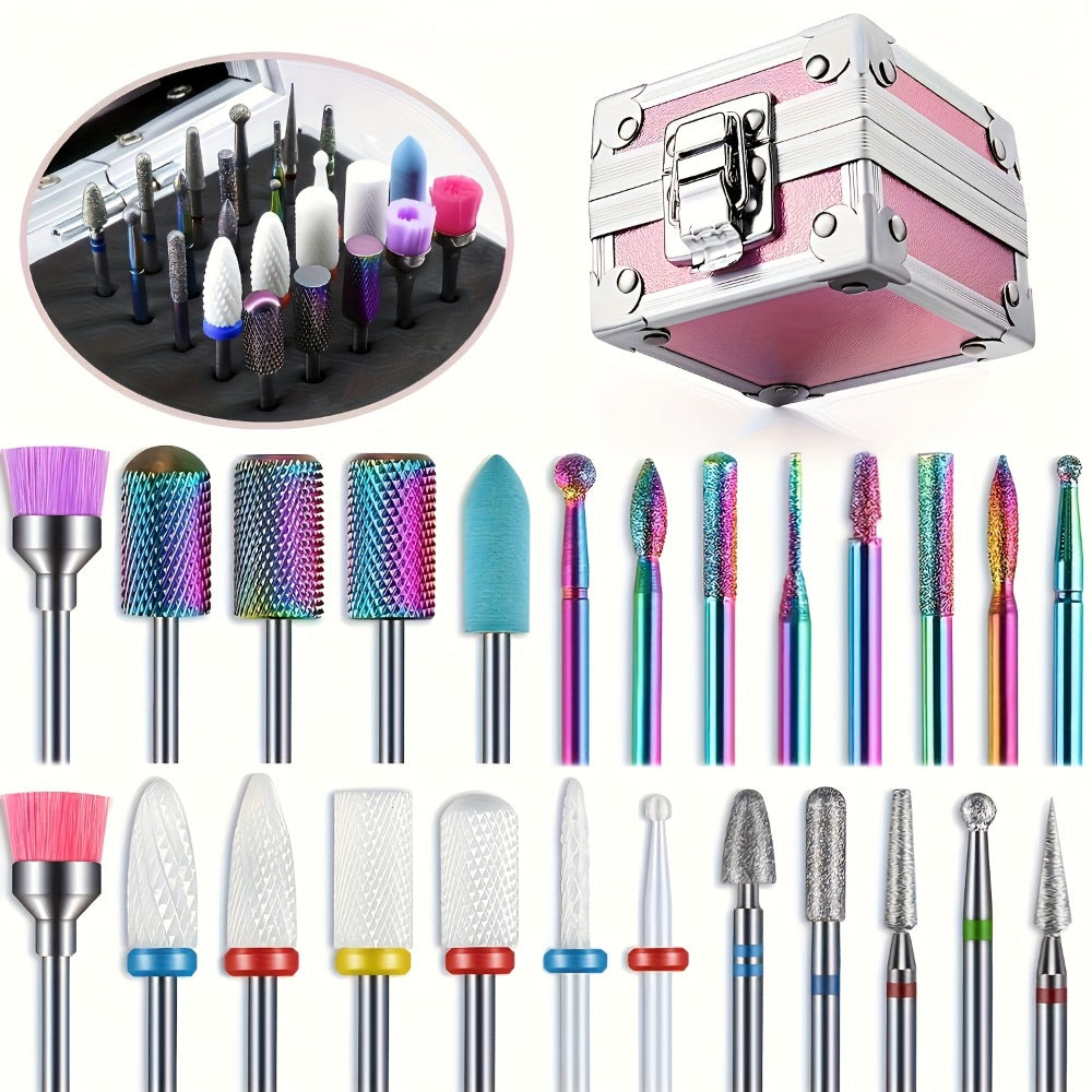 Nail Drill Bit Set Tungsten Steel & Ceramic Grinding Heads with Storage Box for Gel Removal Nail Enhancement