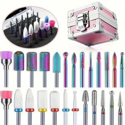 Nail Drill Bit Set Tungsten Steel & Ceramic Grinding Heads with Storage Box for Gel Removal Nail Enhancement