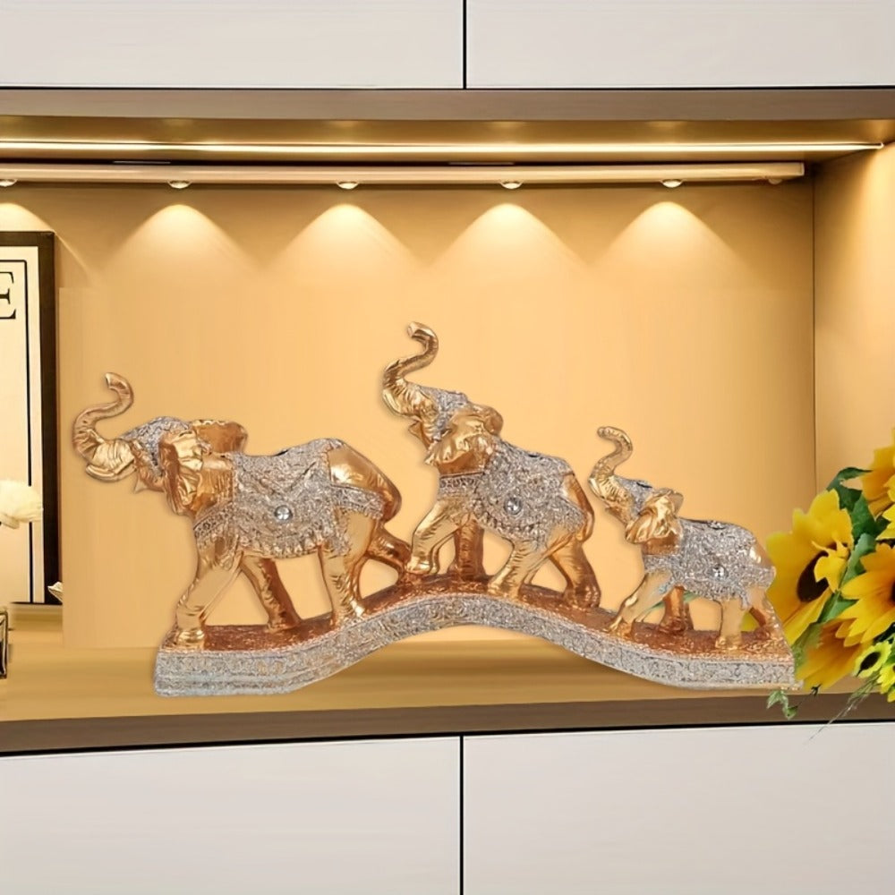 Golden Elephant Figurine Set of 3 – Lucky Elephant Statue Home Decor, Resin Elephant Family Sculpture for Living Room TV Cabinet Office