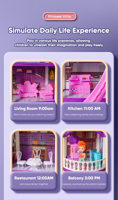 LED Dollhouse Playset for Girls, Purple Multi-Room Playhouse with Doll Figures, Puppies, Furniture & LED Lighting