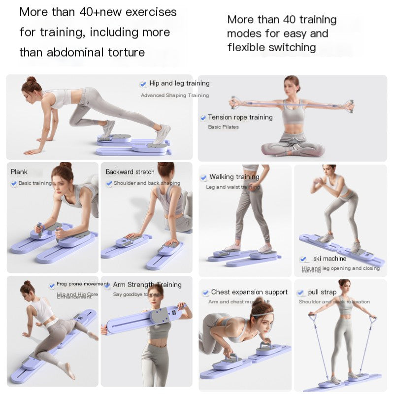 Purple or Blue Compact Pilates Board Trainer with Sliding Base, Display Panel and Resistance Handles