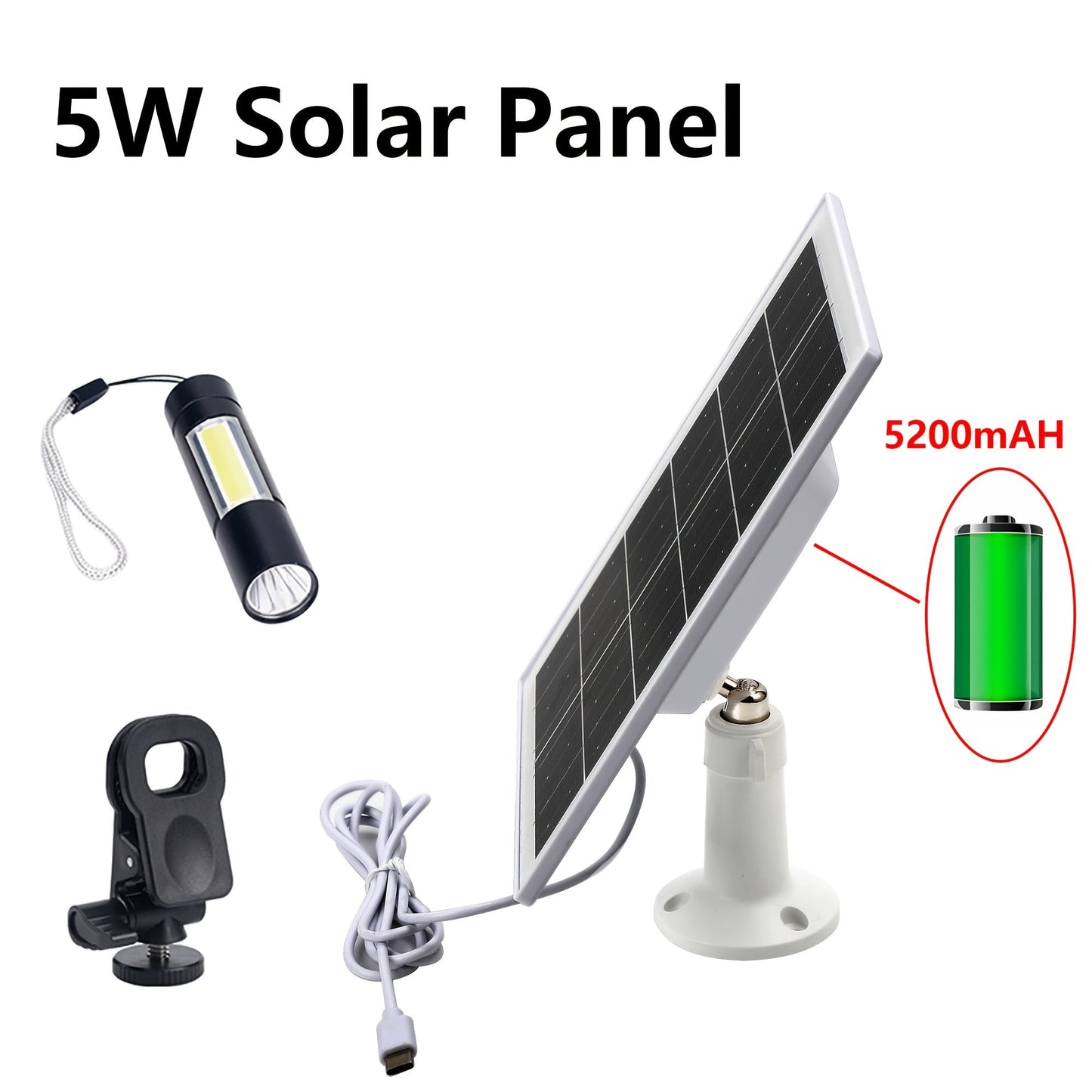 Solar Panel 5W Monocrystalline with Built-In 5200mAh Battery - 3rd Gen Emergency Charger for Security Camera