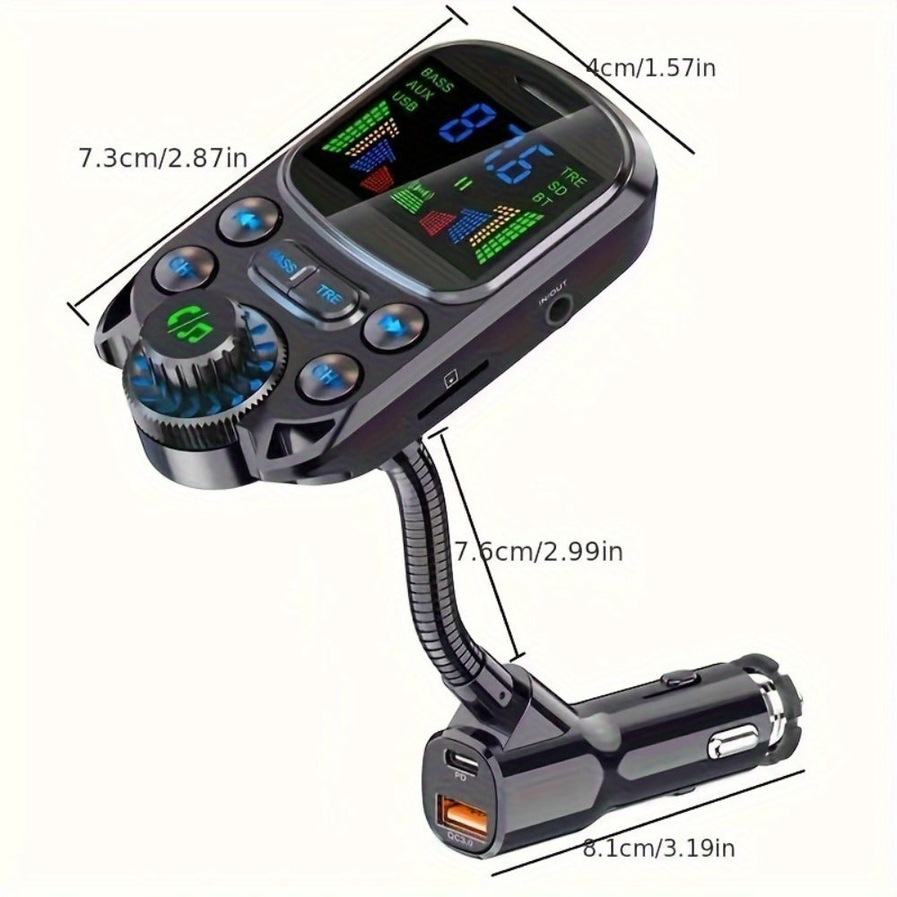 Flexible-Neck Car FM Transmitter with Color Display, USB-C and USB-A Ports, AUX Input and Call Controls