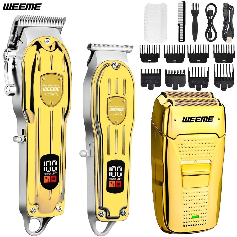 T-Blade Hair Clipper Set for Men – Golden Series USB Rechargeable Trimmer Kit with Guide Combs & Cleaning Brush, 1pc 2pcs 3pcs Options