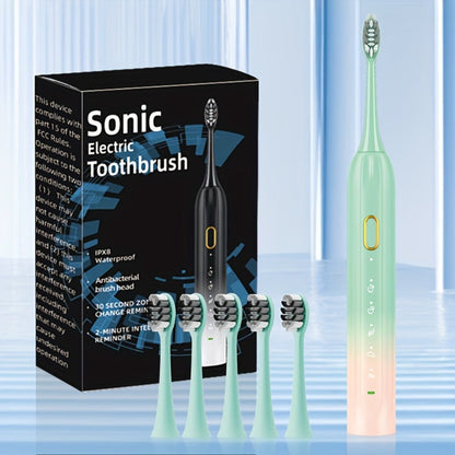 Sonic Electric Toothbrush IPX8 Waterproof USB Rechargeable with 5 Replacement Brush Heads, Smart Timer, Metal Shaft
