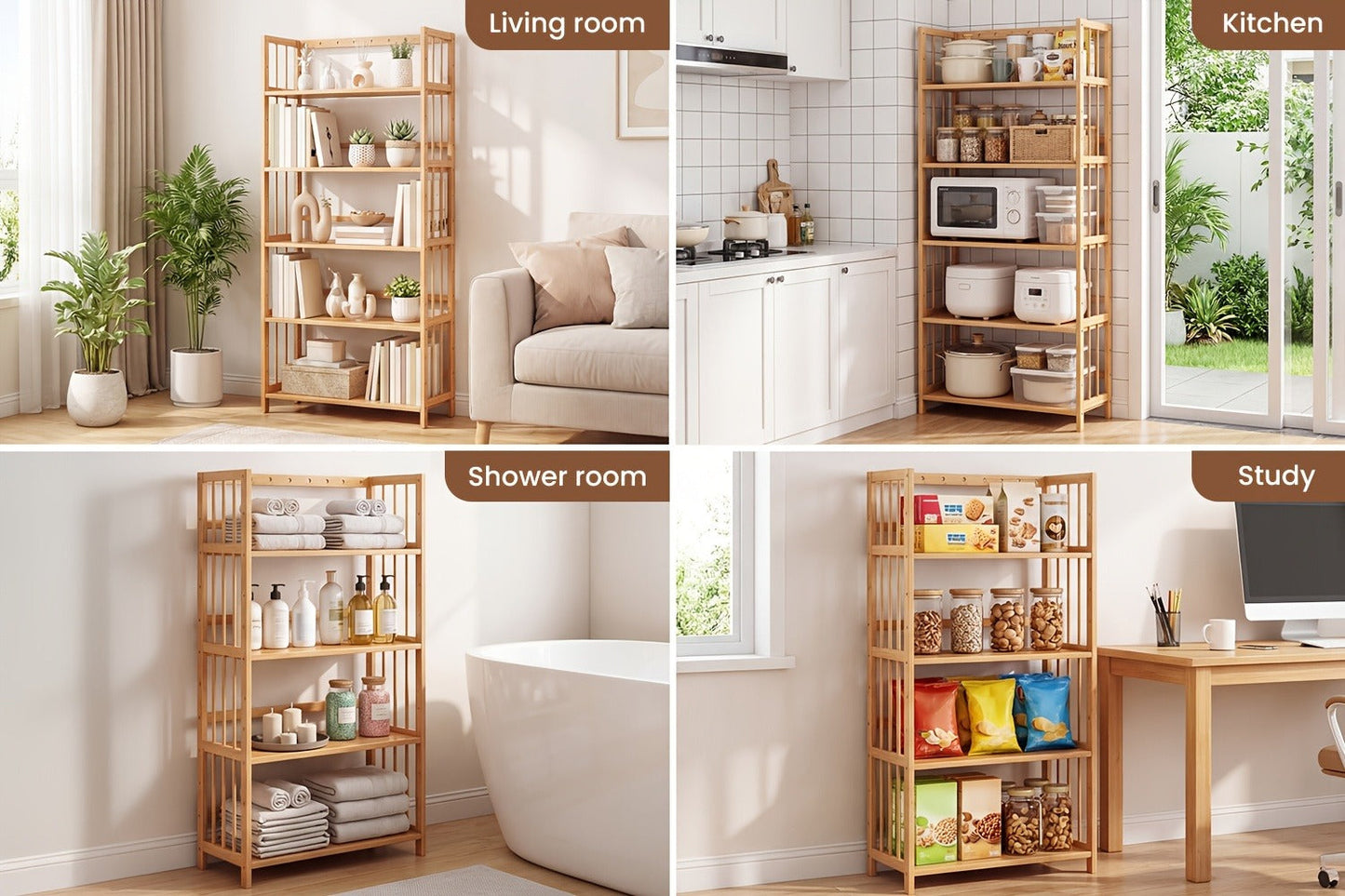 Bamboo Bookshelf Narrow 4 Tier Adjustable Shelves Wooden Bookcase Storage Shelf Organizer for Entryways, Bedrooms and Living Spaces