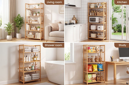 Bamboo Bookshelf Narrow 4 Tier Adjustable Shelves Wooden Bookcase Storage Shelf Organizer for Entryways, Bedrooms and Living Spaces