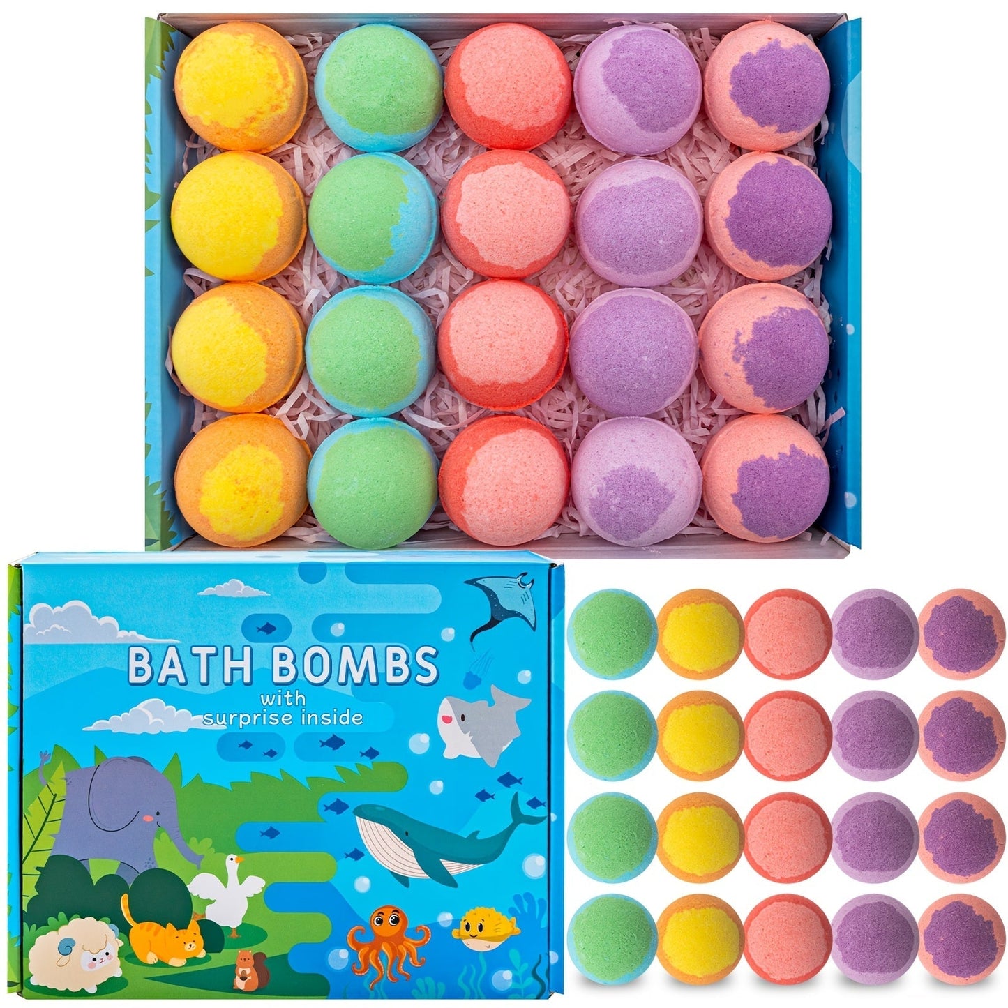 Ocean Bath Bombs Gift Set 20pcs Sea Themed Fizzy Bath Salt Balls Fun Treasure Shapes Colorful, for Bath Time, Home Spa and Personal Care
