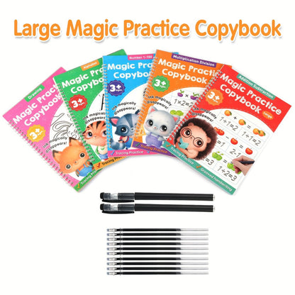 Magic Grooved Handwriting Practice Book for Kids Ages 3-8 – Reusable 5-in-1 Tracing Workbook for Letters Numbers Drawing Math