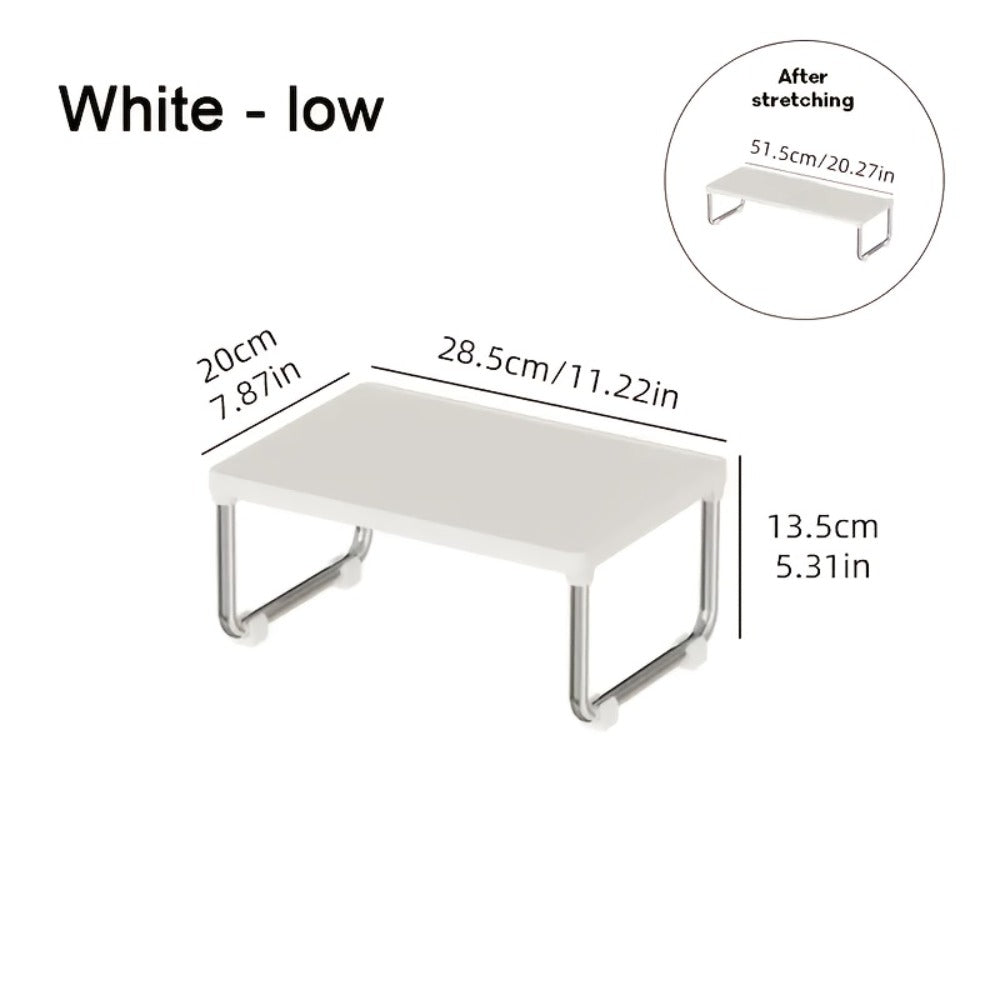 Expandable Countertop Shelf Riser with Short Legs, White or Cream Finish and 11.2- to 20.3-Inch Width