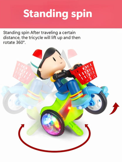 Kids Electric Tricycle Toy Motorcycle with 360° Rotation & Luminous Lights, Push & Power Dual-Mode Stunt Vehicle for Toddlers Boys Girls