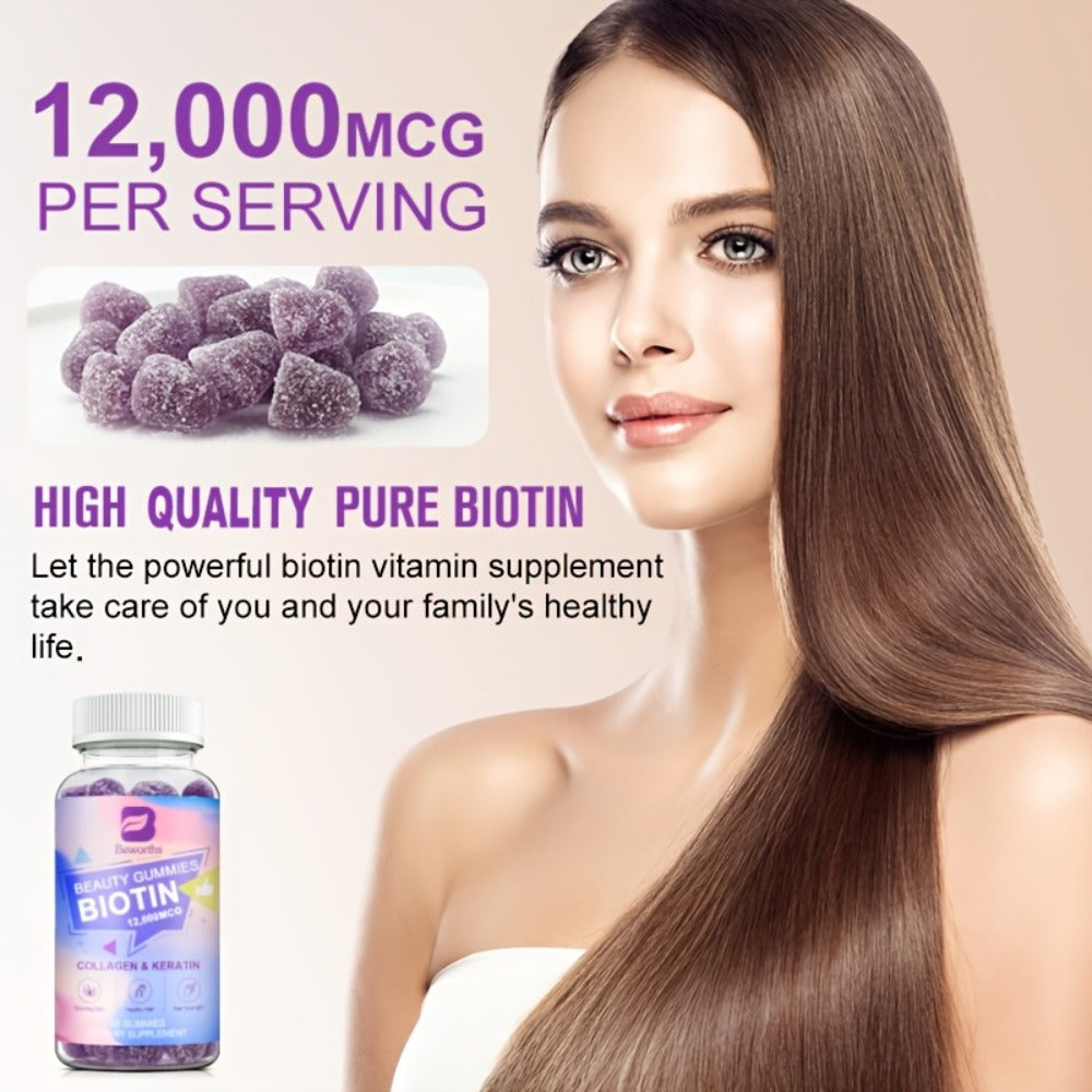 Biotin Gummies 12000mcg, with Collagen, Keratin, Chlorophyll, Zinc & Vitamins A B6 B12 C D E, Hair