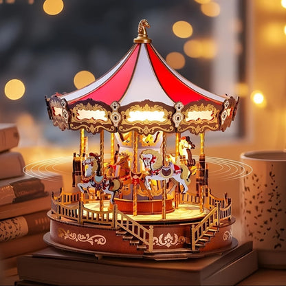 Rolife Carousel Music Box Kit, DIY 3D Wooden Puzzle Architectural Craft Model, Spinning Carousel with Music